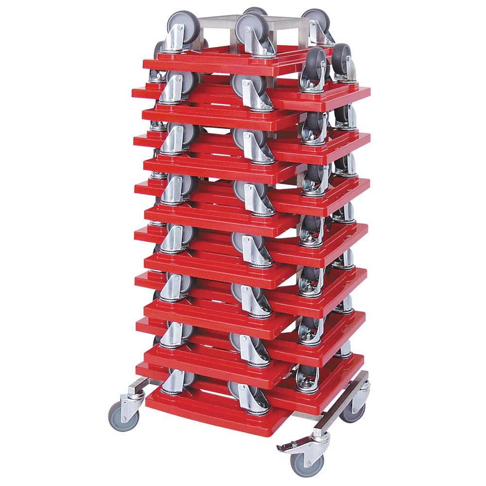 Rollerständer aus Edelstahl für 15 Kunststoffroller, 600x400 mm, mit 4 kugelgelagerten, grauen Lenkrädern aus Gummi