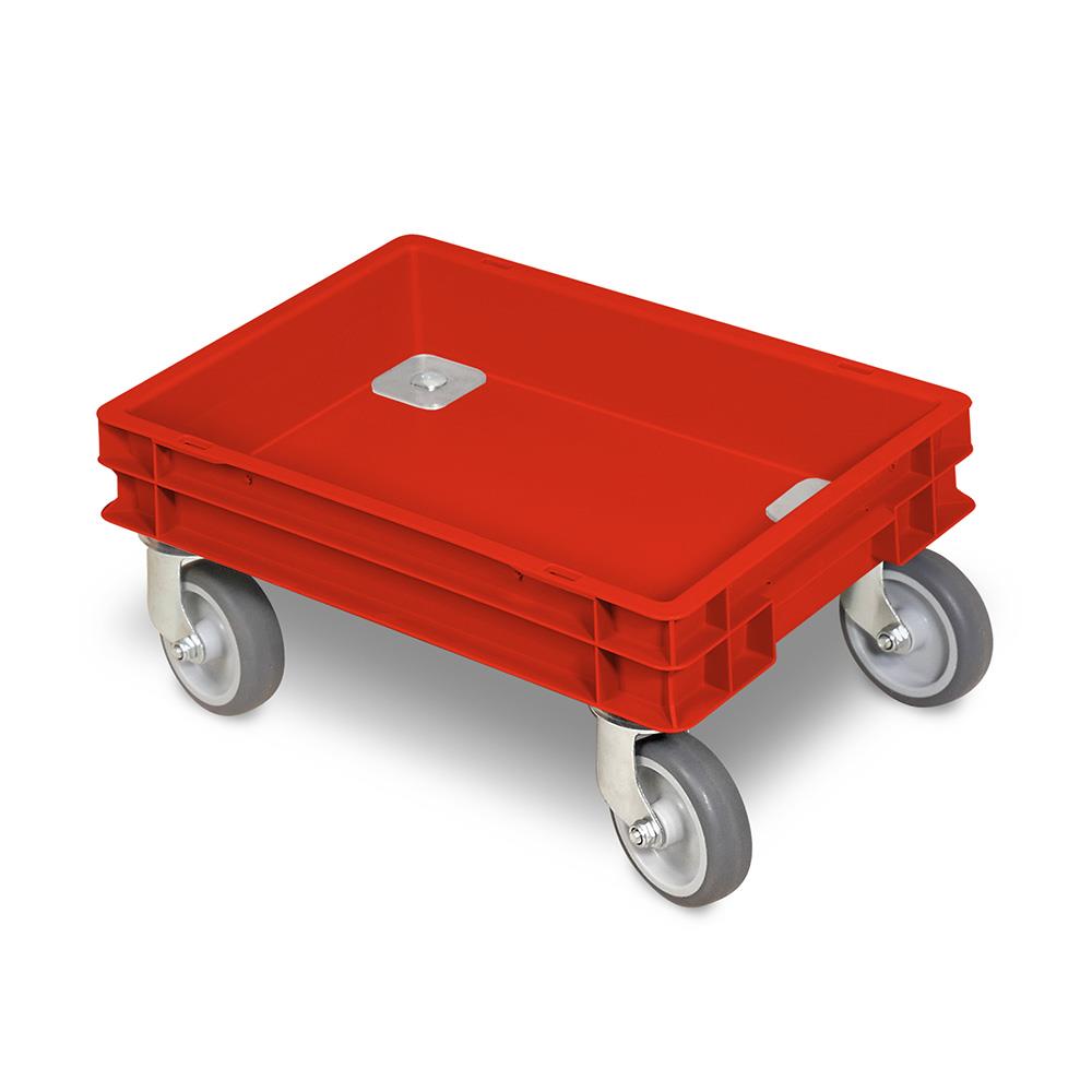 Rollkasten mit 4 Lenkrollen für 400x300mm Eurobehälter, graue Gummiräder, Tragkraft 100 kg, rot