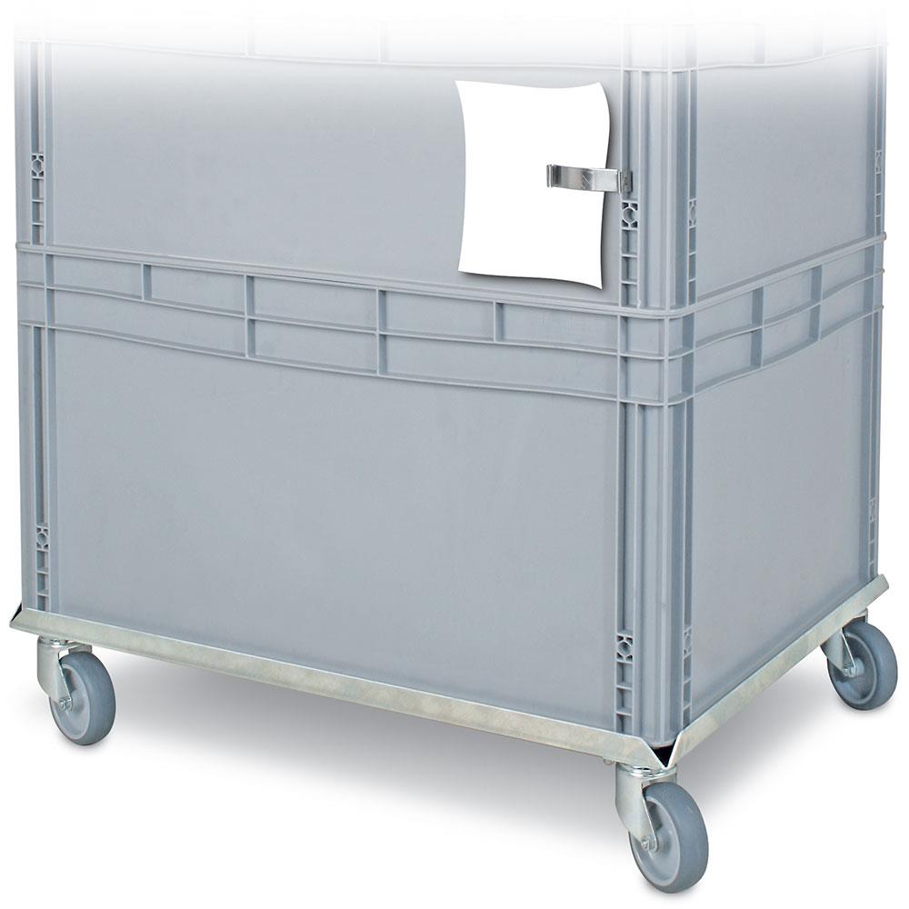 Edelstahl-Transportroller für 800x600 mm Behälter, graue Gummiräder, verzinkte Lenkrollen, Deck offen, Tragkraft 250 kg