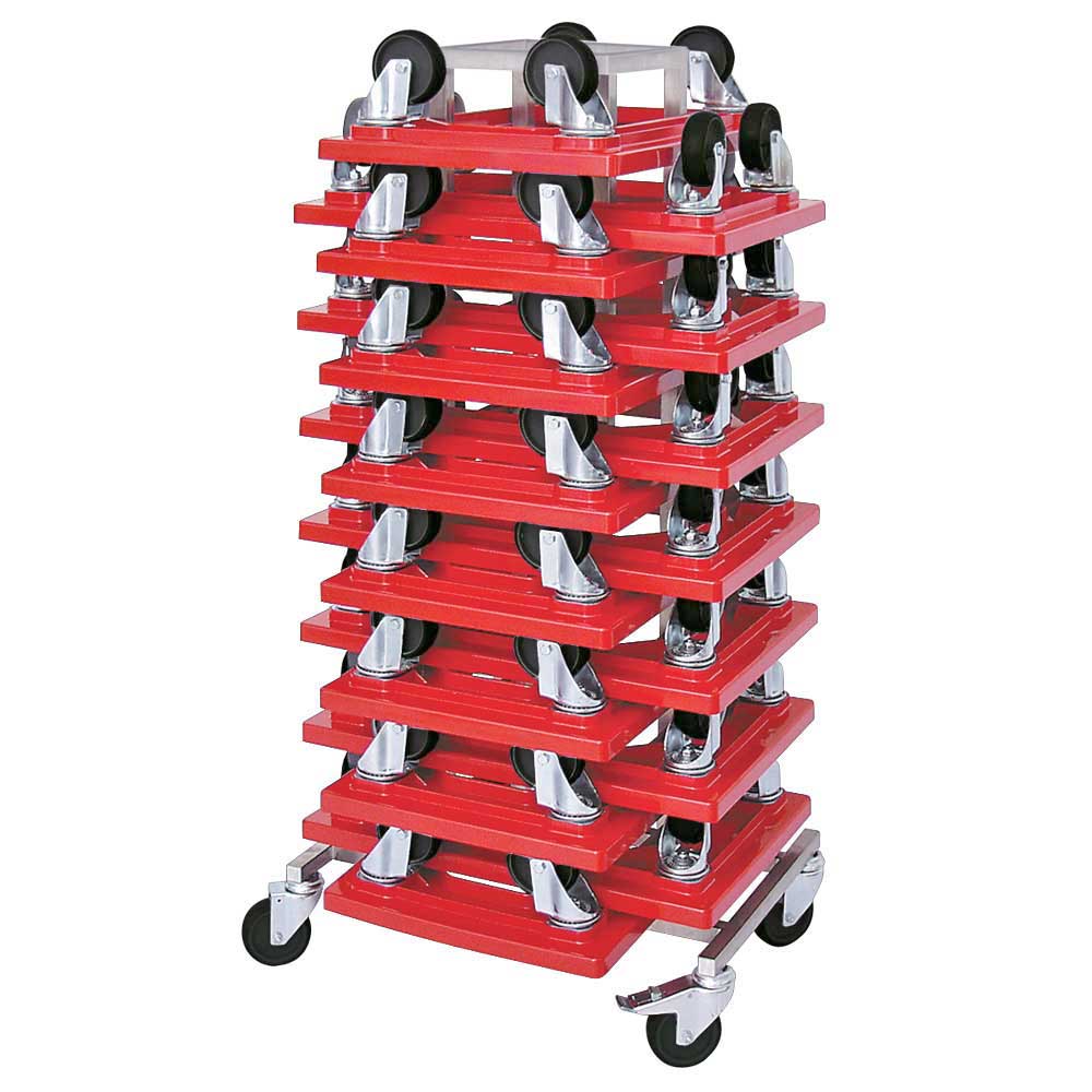 Rollerständer mit 15 Transportrollern 600x400 mm mit schwarzen Kunststoffrädern, rot