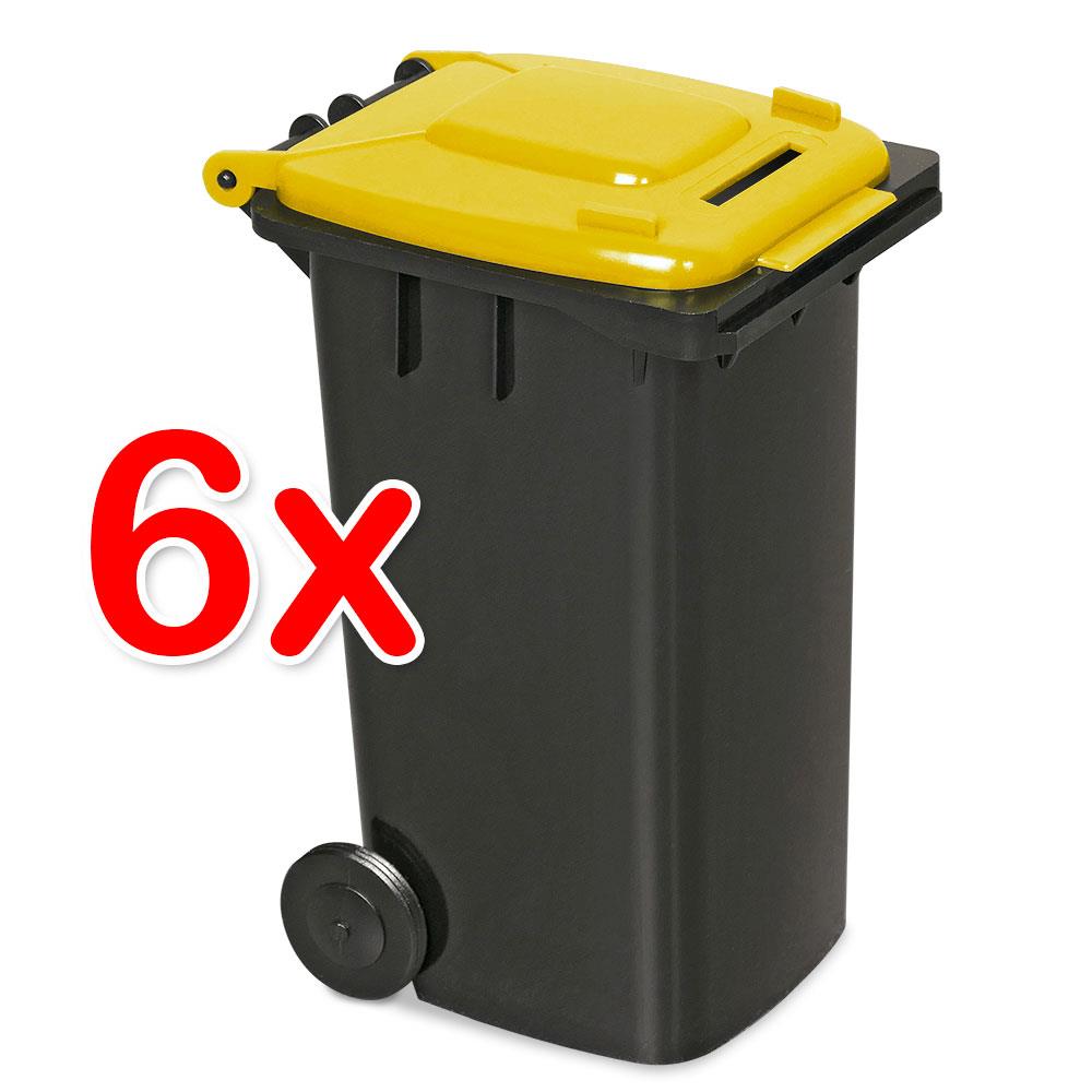 6er-Set Mini-Mülltonne mit Spardosenschlitz, Behälter grau / Deckel gelb / Miniatur Stifte Box Büro Schreibtisch Sammelbox