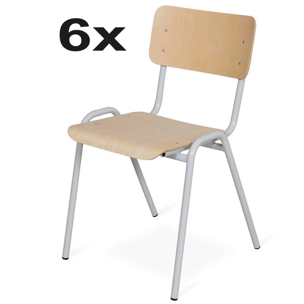 6-Set Stapel-Stuhl/Warteraum-Stuhl mit Stahlrohrgestell, belastbar bis 91 kg, kunststoffbeschichtet, Sitz und Lehne aus Buchenschichtholz, Gestellfarbe lichtgrau
