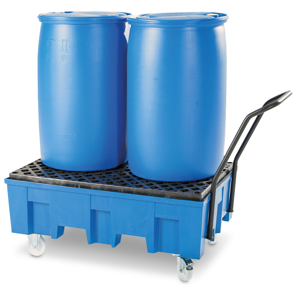 Fahrbare Auffangwanne mit PE-Gitterrost, für zwei 200 Liter-Fässer, Tragkraft bis 620 kg