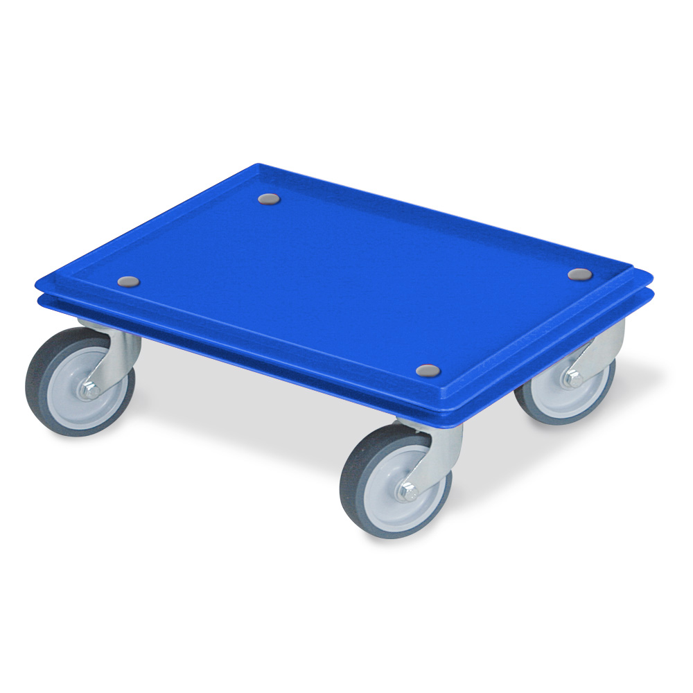 Transportroller für 400x300 mm Eurobehälter, geschlossenes Deck, 4 Lenkrollen, graue Gummiräder, blau