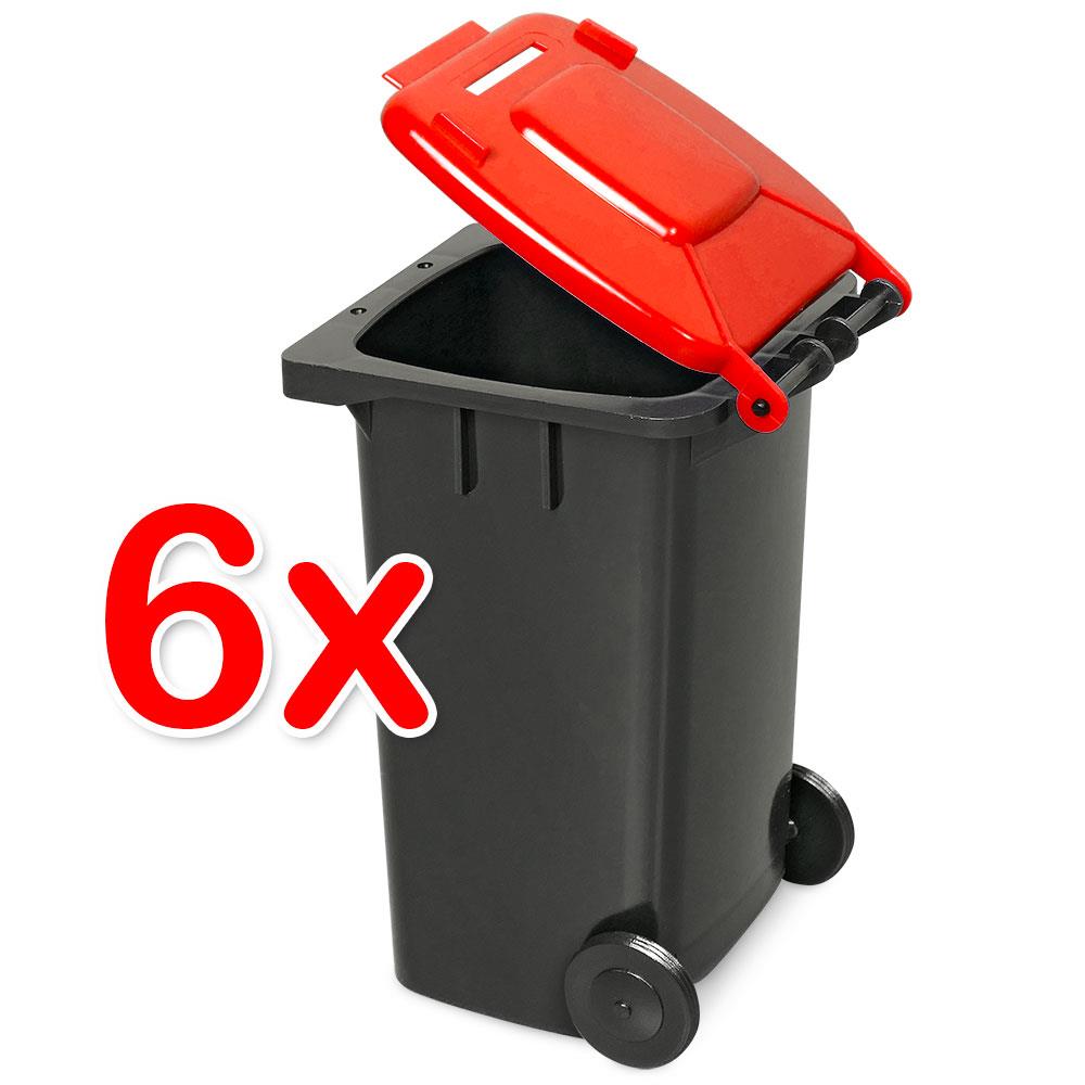 6er-Set Mini-Mülltonne mit Spardosenschlitz, Behälter grau / Deckel rot / Miniatur Stifte Box Büro Schreibtisch Sammelbox