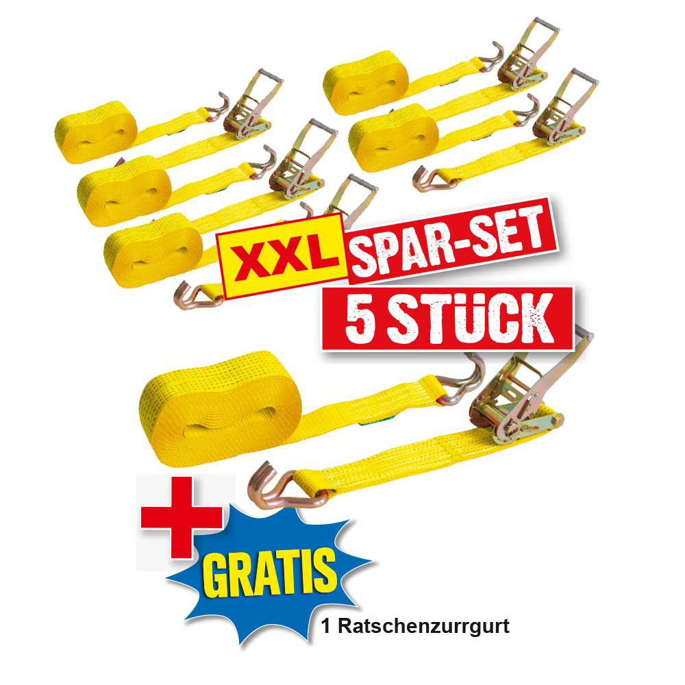 5x Ratschenzurrgurte, Spar-Set, nach EN 12195-2 + GRATIS: 1 Zurrgurt