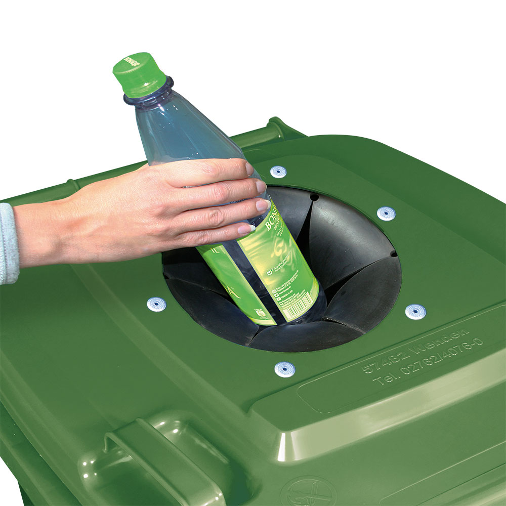 Verschließbarer Müllbehälter mit Flascheneinwurf und Gummirosette, 120 Liter, gün