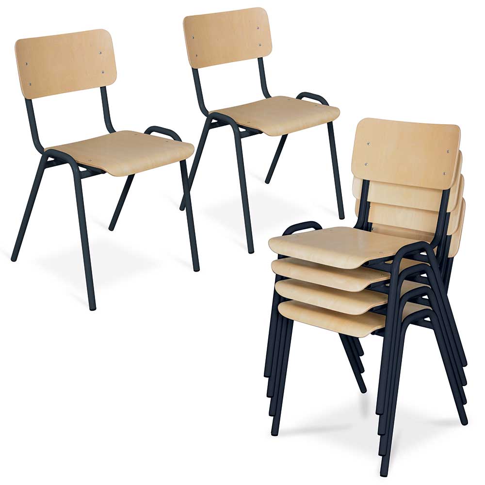 6-Set Stapel-Stuhl/Warteraum-Stuhl mit Stahlrohrgestell, belastbar bis 91 kg, kunststoffbeschichtet, Sitz und Lehne aus Buchenschichtholz, Gestellfarbe schwarz