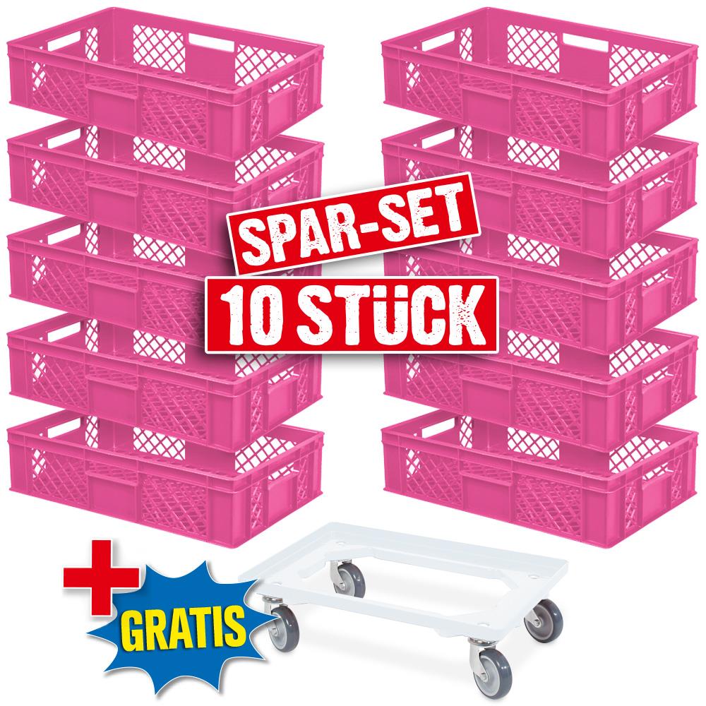 10x Euro-Stapelbehälter 600x400x150 mm, pink +GRATIS 1 Transportroller