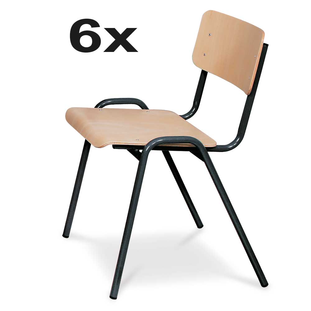 6-Set Stapel-Stuhl/Warteraum-Stuhl mit Stahlrohrgestell, belastbar bis 91 kg, kunststoffbeschichtet, Sitz und Lehne aus Buchenschichtholz, Gestellfarbe schwarz