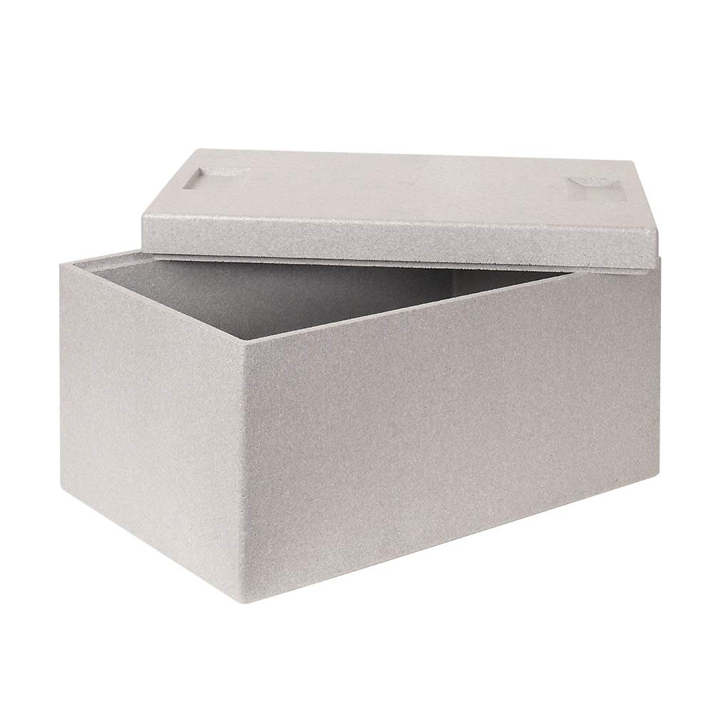 2x EPS-Thermobox im Stapelkorb mit Deckel, LxBxH 600x400x320 mm, weißer Korb, grauer Deckel 