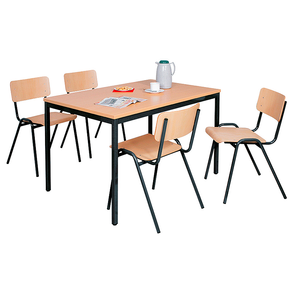Mehrzweck-Sitzgruppe, 4 Stahlrohr-Stühle + 1 Kantinentisch, LxBxH 1200x800x750 mm, Dekor Buche / schwarz