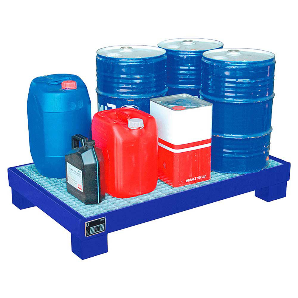 Auffangwanne für 60 Liter Fässer mit Gitterrost, BxTxH 1300x800x205 mm, Volumen 74 Liter, blau RAL 5012