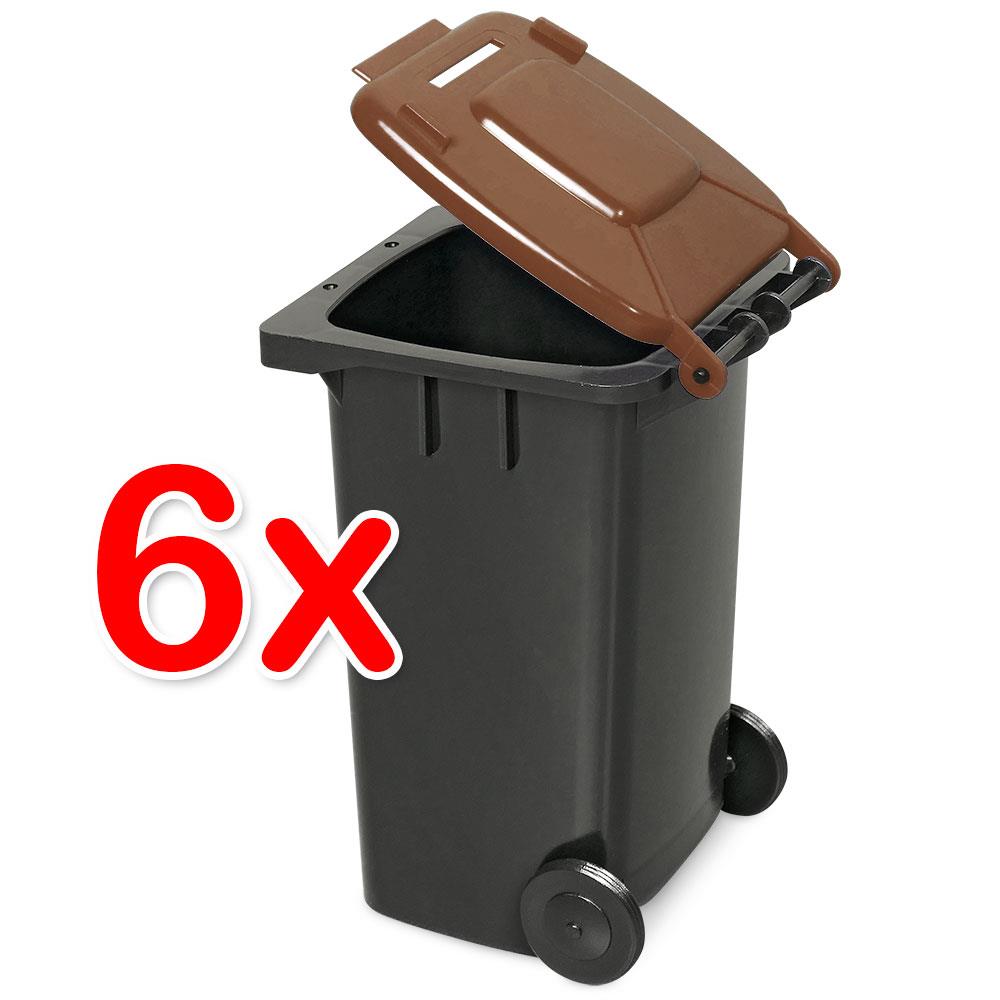 6er-Set Mini-Mülltonne mit Spardosenschlitz, Behälter grau / Deckel braun / Miniatur Stifte Box Büro Schreibtisch Sammelbox