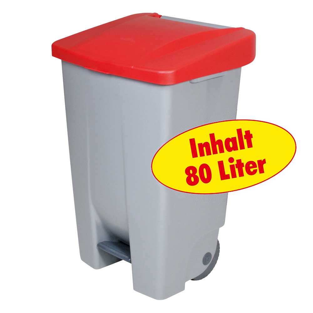 Tret-Abfallbehälter mit Rollen, PP, BxTxH 490x420x740 mm, 80 Liter, grau/rot
