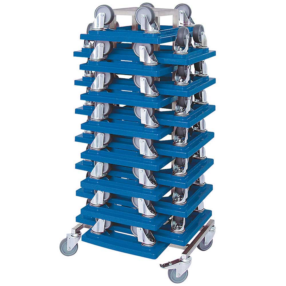 Rollerständer aus Edelstahl mit 15 Transportrollern 600x400 mm mit grauen Gummirädern, blau