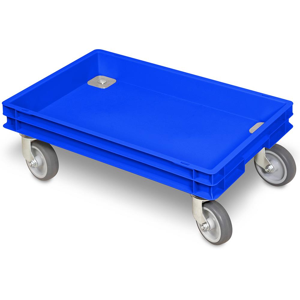 Rollkasten mit 4 Lenkrollen für 600x400mm Eurobehälter, graue Gummiräder, Tragkraft 100 kg, blau