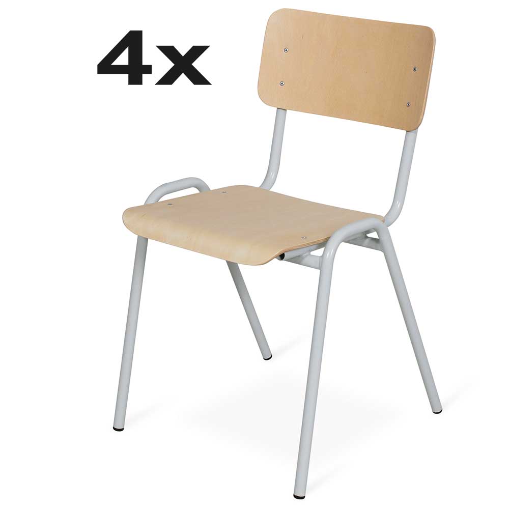 4-Set Stapel-Stuhl/Warteraum-Stuhl mit Stahlrohrgestell, belastbar bis 91 kg, kunststoffbeschichtet, Sitz und Lehne aus Buchenschichtholz, Gestellfarbe lichtgrau