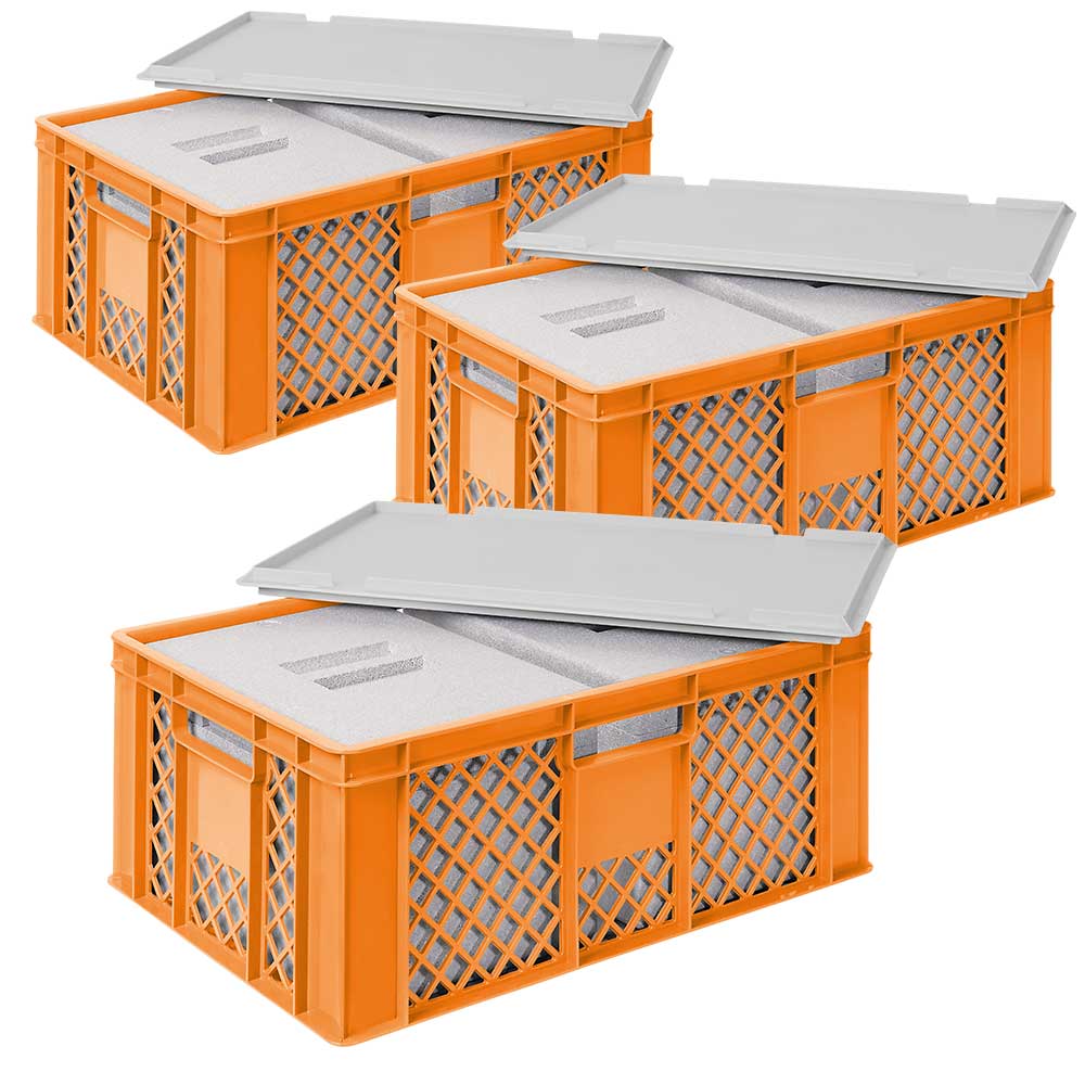 3x 2 EPS-Thermoboxen im Stapelkorb mit Deckel, LxBxH 600x400x240 mm, orangener Korb, grauer Deckel