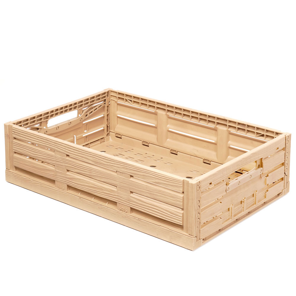 Klappbox im Holzdekor, geschlitzt, PP, LxBxH 600x400x165 mm, 33 Liter, beige