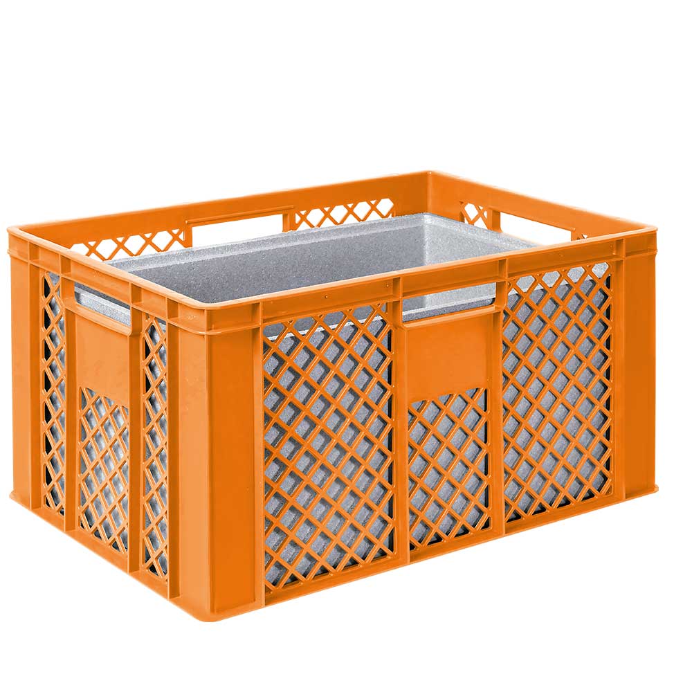 2x EPS-Thermobox im Stapelkorb mit Deckel, LxBxH 600x400x320 mm, orangener Korb, grauer Deckel 