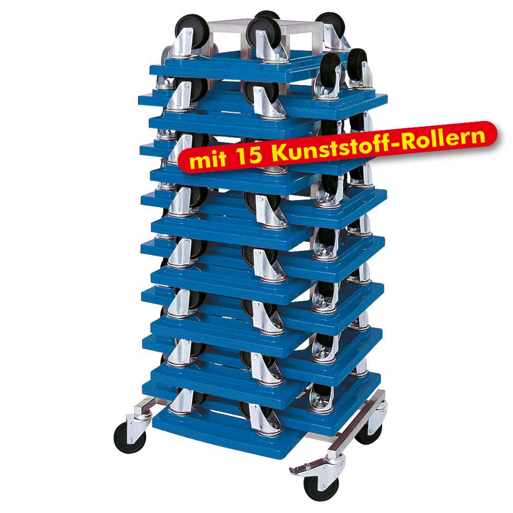 Rollerständer mit 15 Transportrollern 600x400 mm mit schwarzen Kunststoffrädern, blau
