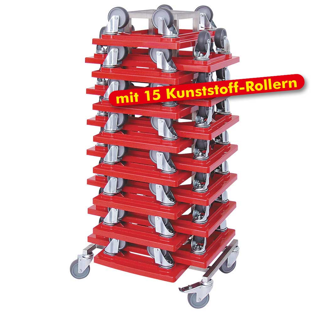 Rollerständer aus Edelstahl mit 15 Transportrollern 600x400 mm mit grauen Gummirädern, rot