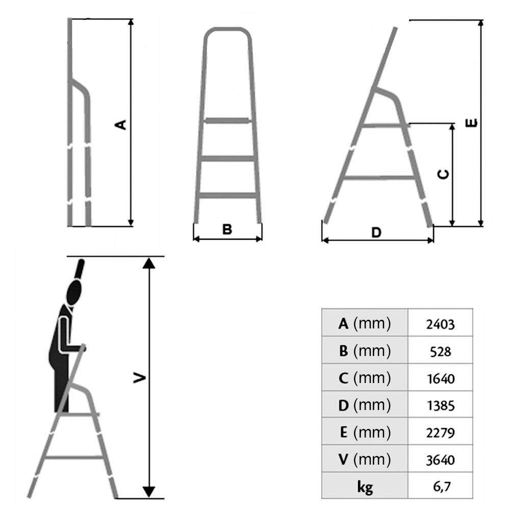 Alu-Bügelleiter mit 8 Stufen, Standhöhe 1640 mm, Arbeitshöhe bis 3640 mm, Gewicht 6,7 kg