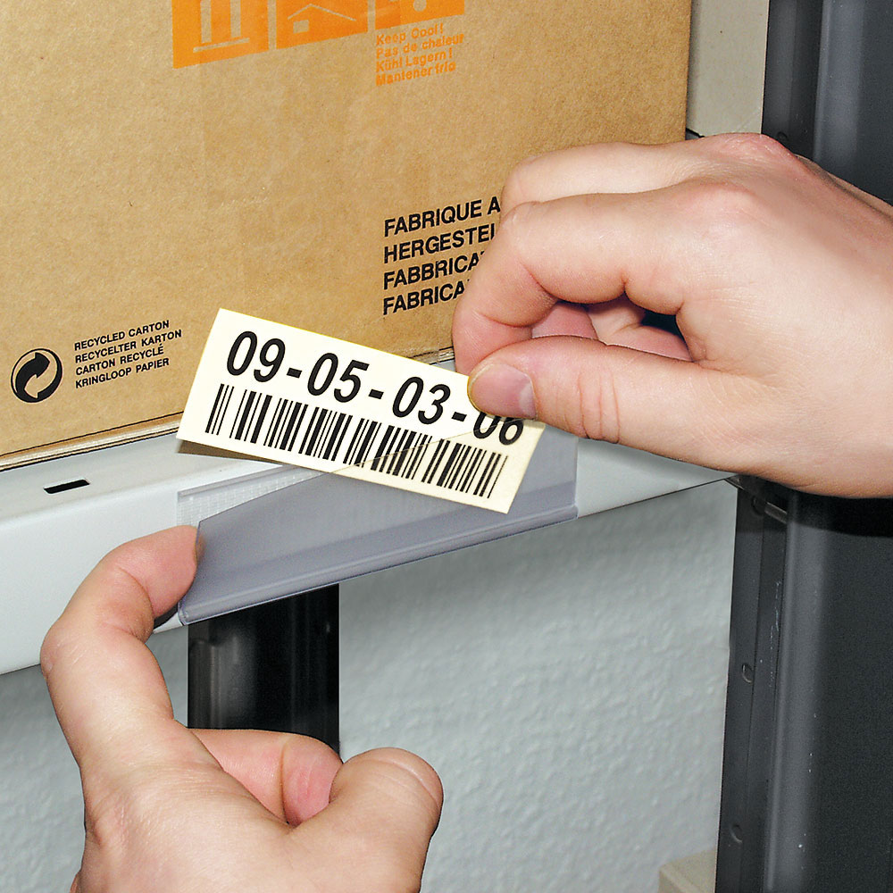 Etikettenhalter, VE = 50 Stk, selbstklebend, BxH 100x33 mm, mit 3 Bögen weißen Etiketten zum Selbstbedrucken