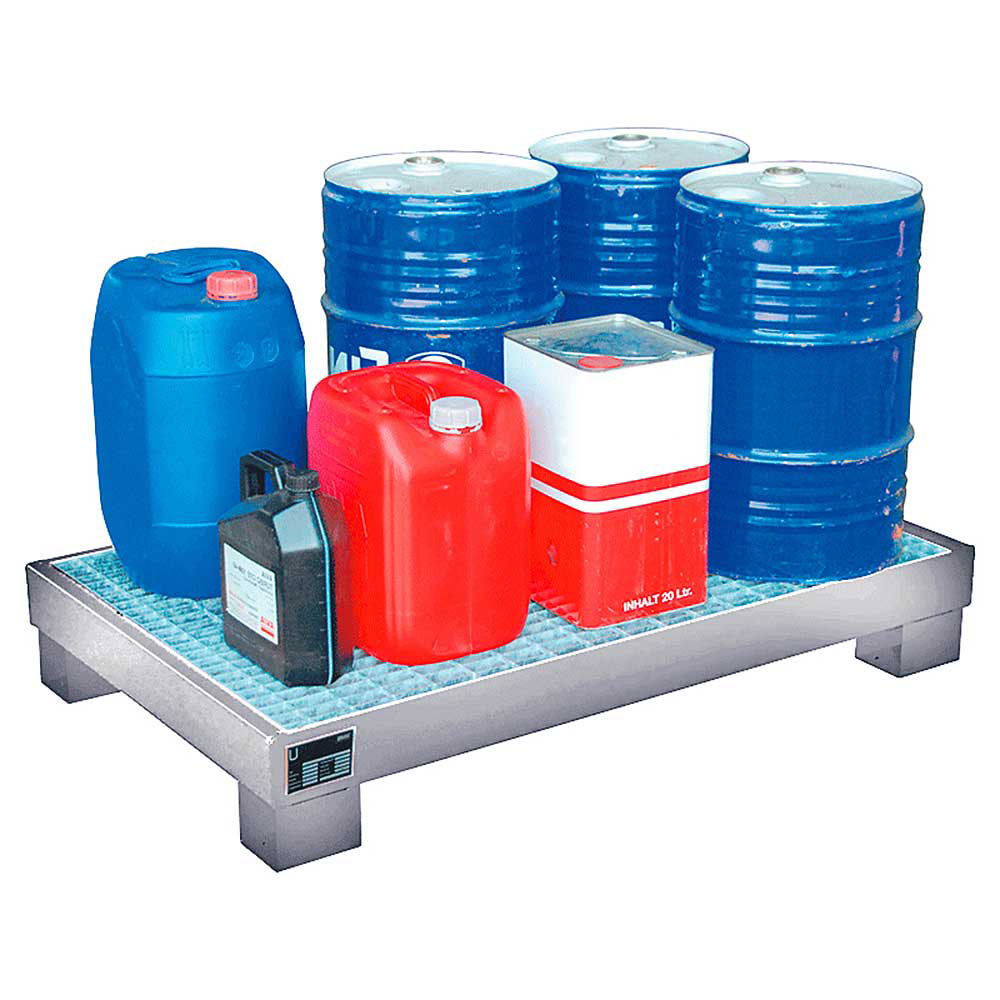 Auffangwanne für 60 Liter Fässer mit Gitterrost, BxTxH 1300x800x205 mm, Volumen 74 Liter, verzinkt
