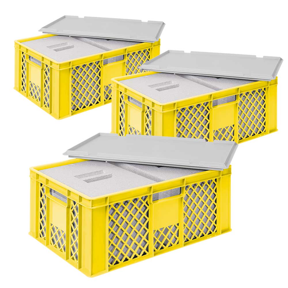 3x 2 EPS-Thermoboxen im Stapelkorb mit Deckel, LxBxH 600x400x240 mm, gelber Korb, grauer Deckel