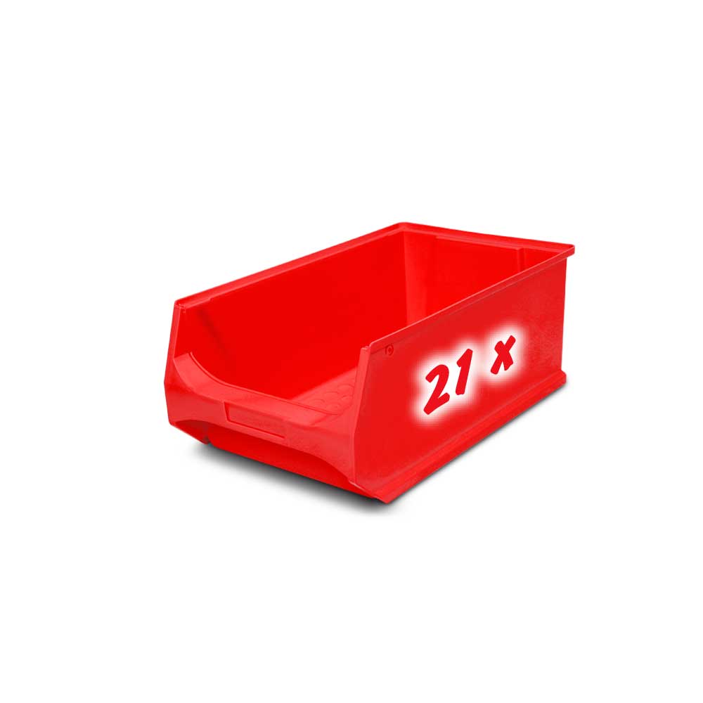 Anbauregal, verzinkt, BxTxH 1000x515x2000 mm, 7 Böden, 21 Sichtboxen LB 2 Farbe rot 