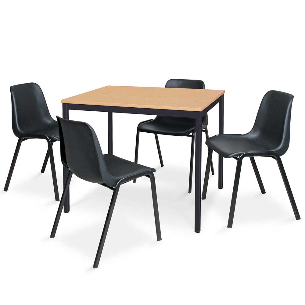 5-teiliges Tischgruppe-Komplettangebot, bestehend aus: 4 Schalenstühlen und 1 Tisch, BxTxH 1200x800x750 mm, Buche Dekor / schwarz