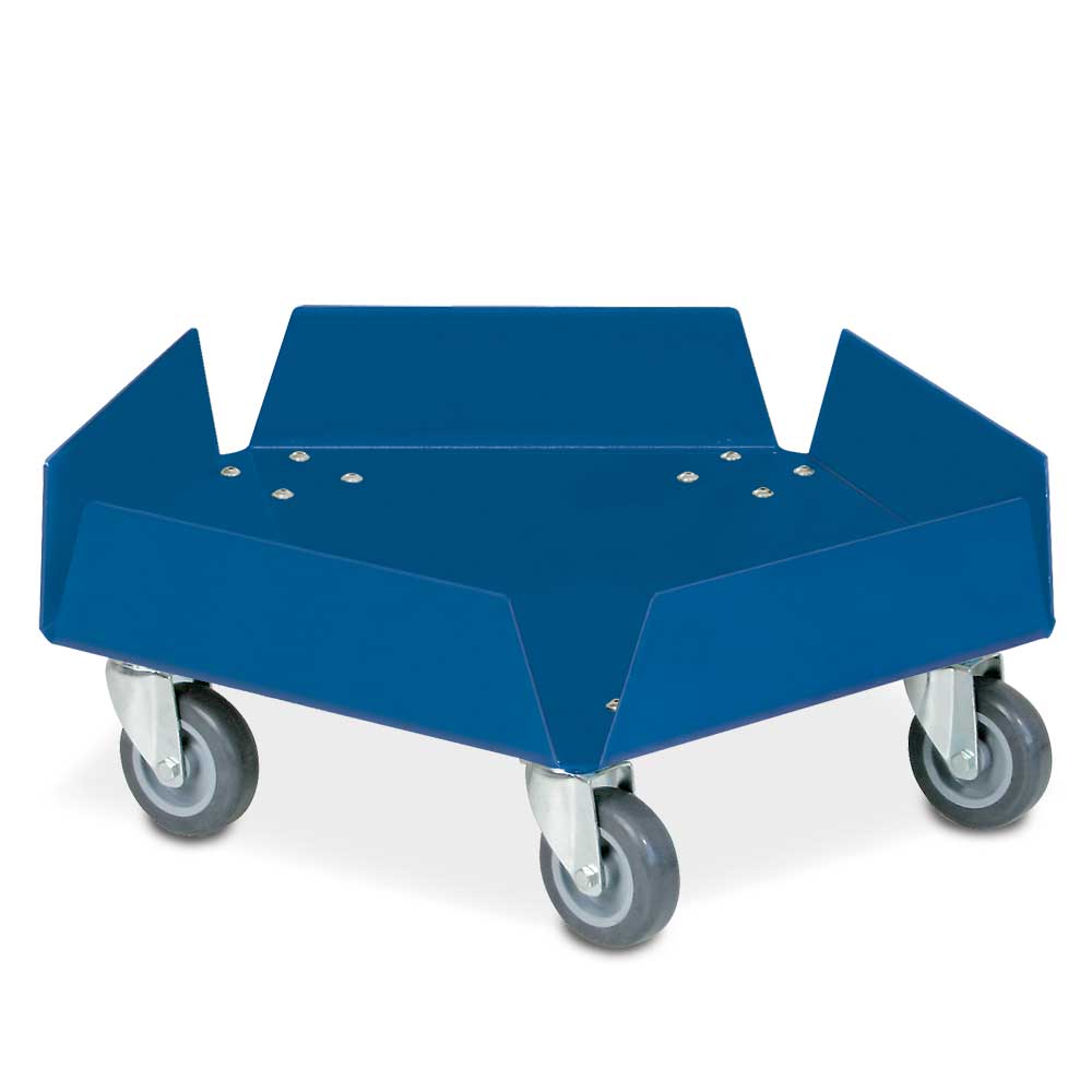 Aluminium-Tonnenroller, kunststoffbeschichtet blau, mit verzinkten Lenkrollen und 5 Rädern Ø 75 mm mit grauer Polyurethanlauffläche