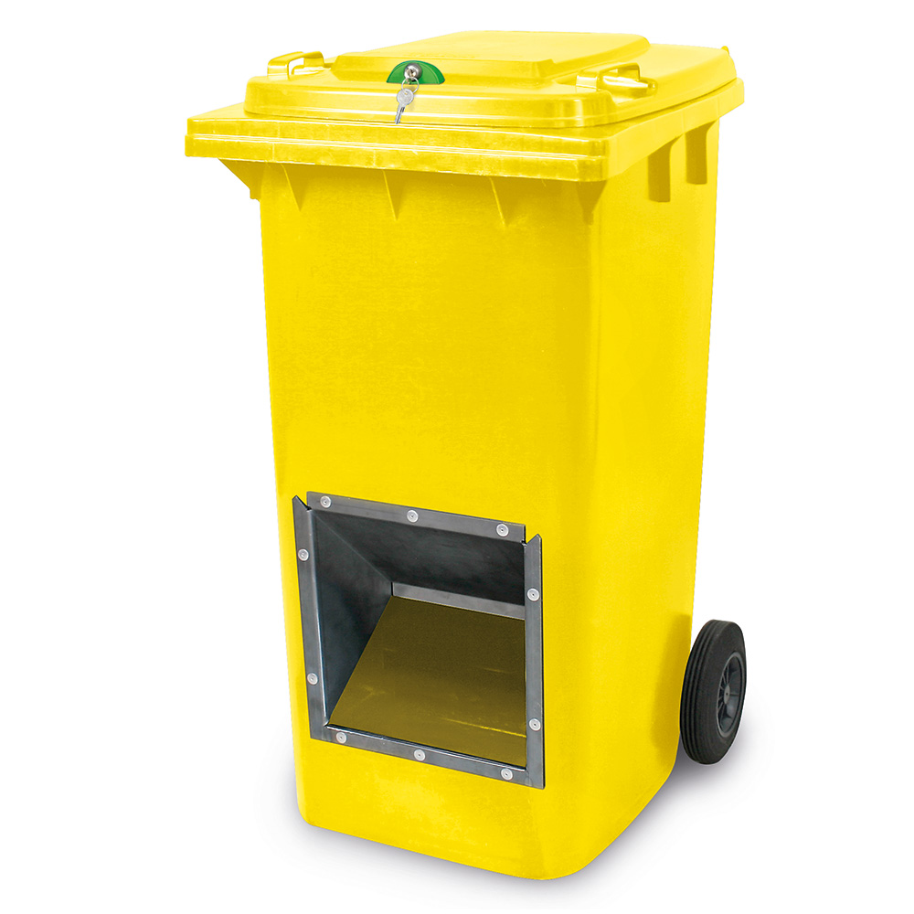Streugutbehälter mit Entnahmeöffnung und Schließung, gelb, 240 Liter, BxTxH 580x730x1075 mm
