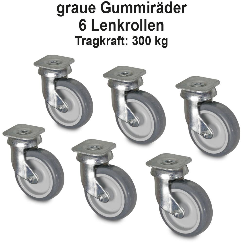 Transportroller "VARIO" für Euro-Stapelbehälter 1200x800 mm, grau-grau, 6 Lenkrollen, graue Gummiräder