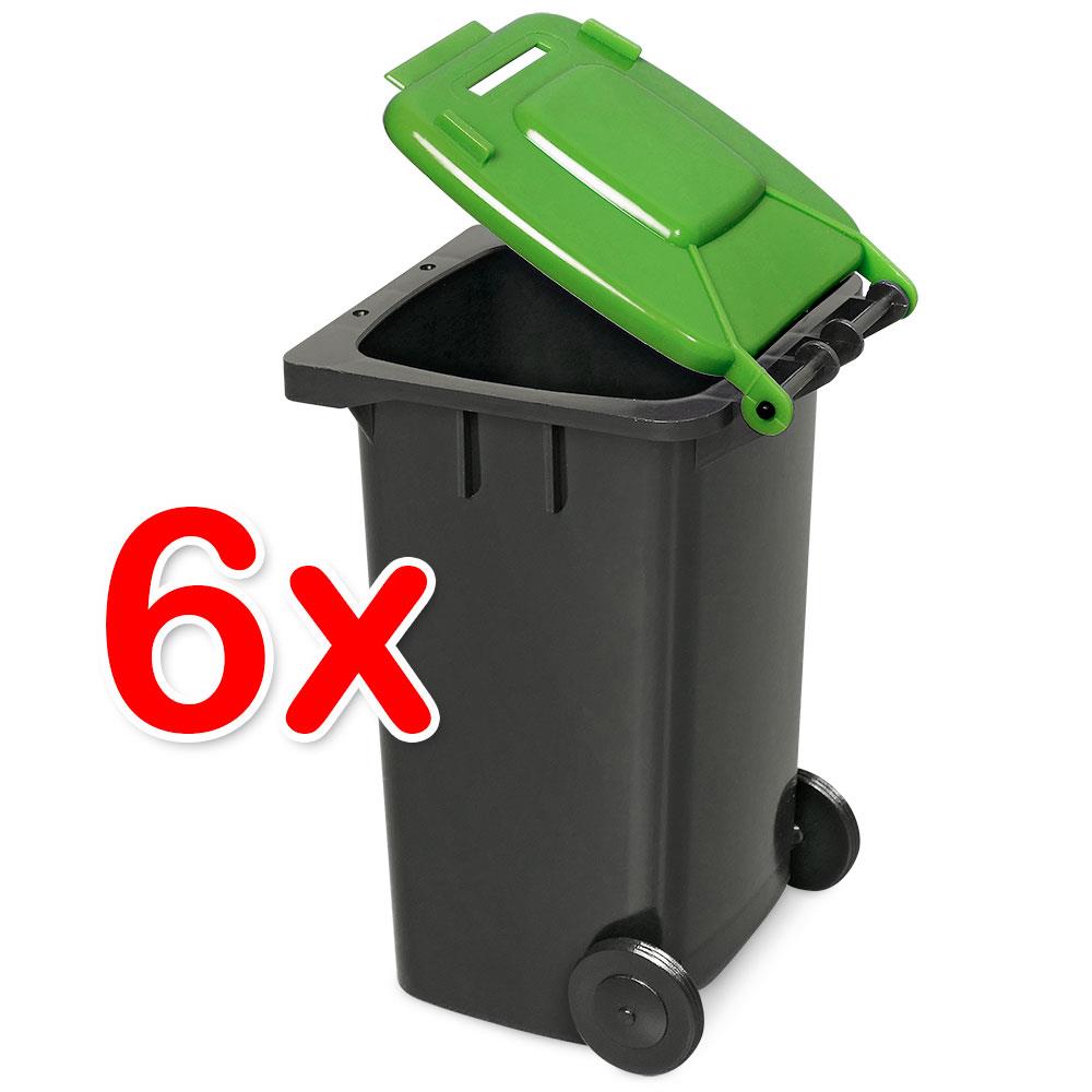 6er-Set Mini-Mülltonne mit Spardosenschlitz, Behälter grau / Deckel grün / Miniatur Stifte Box Büro Schreibtisch Sammelbox