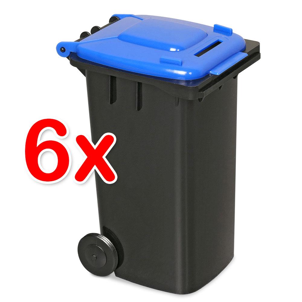 6er-Set Mini-Mülltonne mit Spardosenschlitz, Behälter grau / Deckel blau / Miniatur Stifte Box Büro Schreibtisch Sammelbox