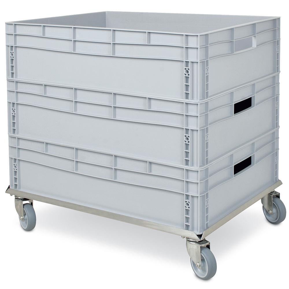 Edelstahl-Transportroller für 800x600 mm Behälter, graue Gummiräder, Edelstahl Lenkrollen, Deck offen, Tragkraft 250 kg