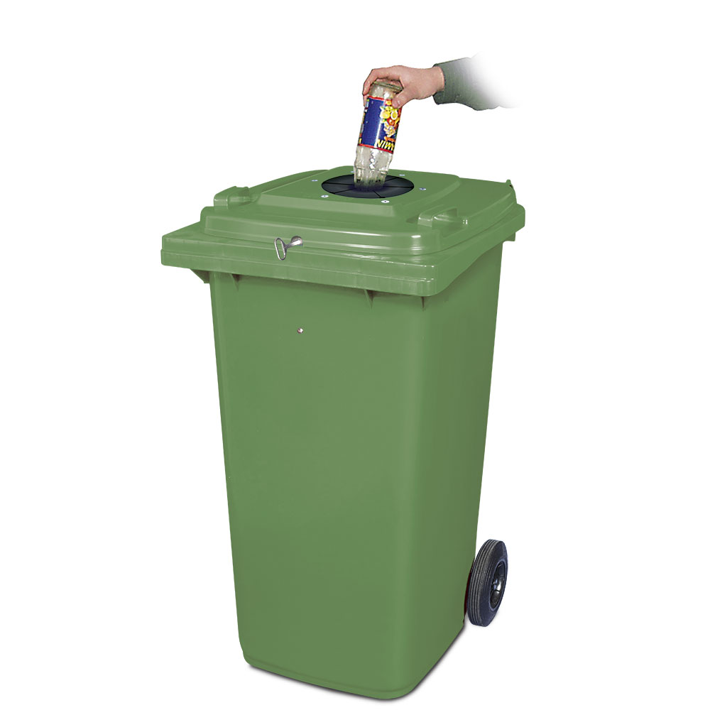 Verschließbarer Müllbehälter mit Flascheneinwurf und Gummirosette, 120 Liter, gün