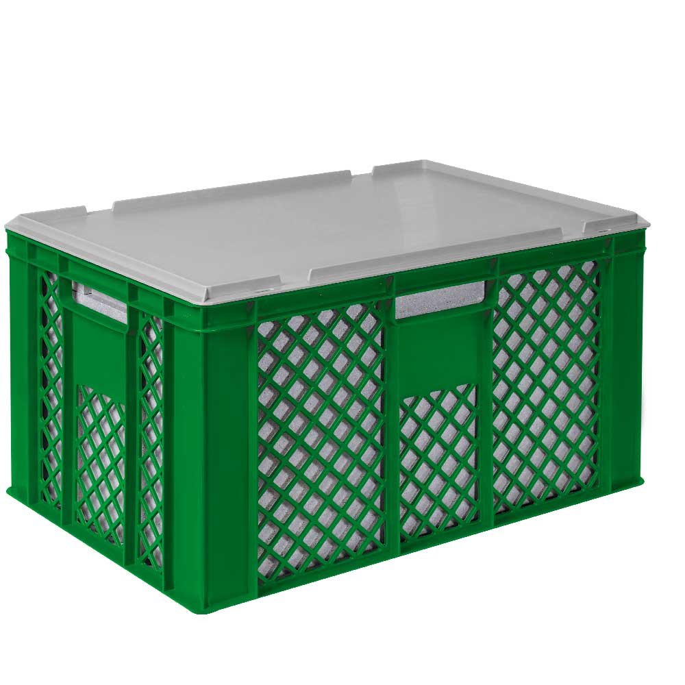 2x EPS-Thermobox im Stapelkorb mit Deckel, LxBxH 600x400x320 mm, grüner Korb, grauer Deckel 