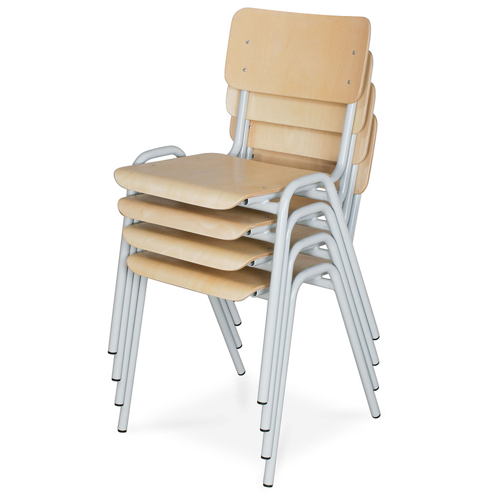 4-Set Stapel-Stuhl/Warteraum-Stuhl mit Stahlrohrgestell, belastbar bis 91 kg, kunststoffbeschichtet, Sitz und Lehne aus Buchenschichtholz, Gestellfarbe lichtgrau