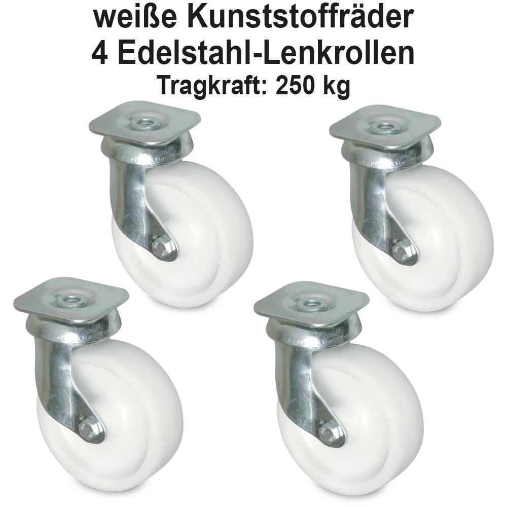 Gitter-Transportroller für 600x400 mm Eurobehälter, Gitterdeck, 4 Edelstahl-Lenkrollen, weiße Kunststoffräder, rot