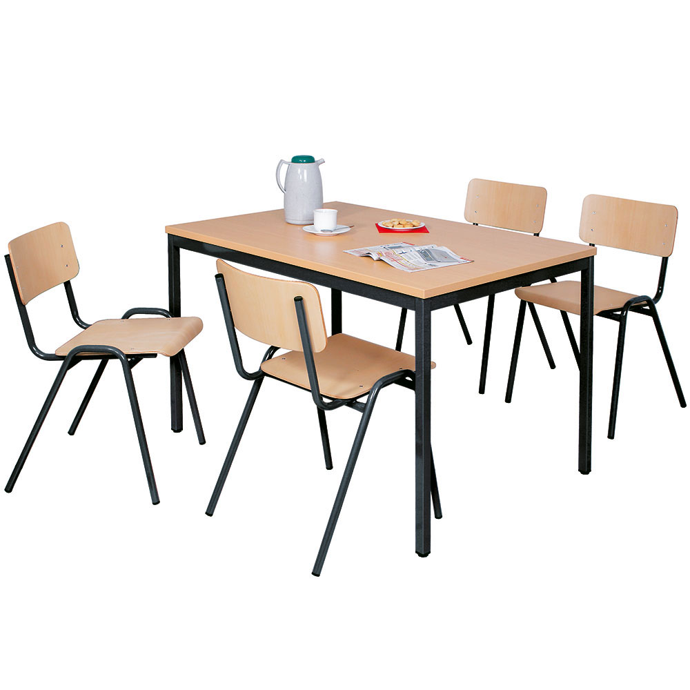 Mehrzweck-Sitzgruppe, 4 Stahlrohr-Stühle + 1 Kantinentisch, LxBxH 1600x800x750 mm, Dekor Buche / schwarz
