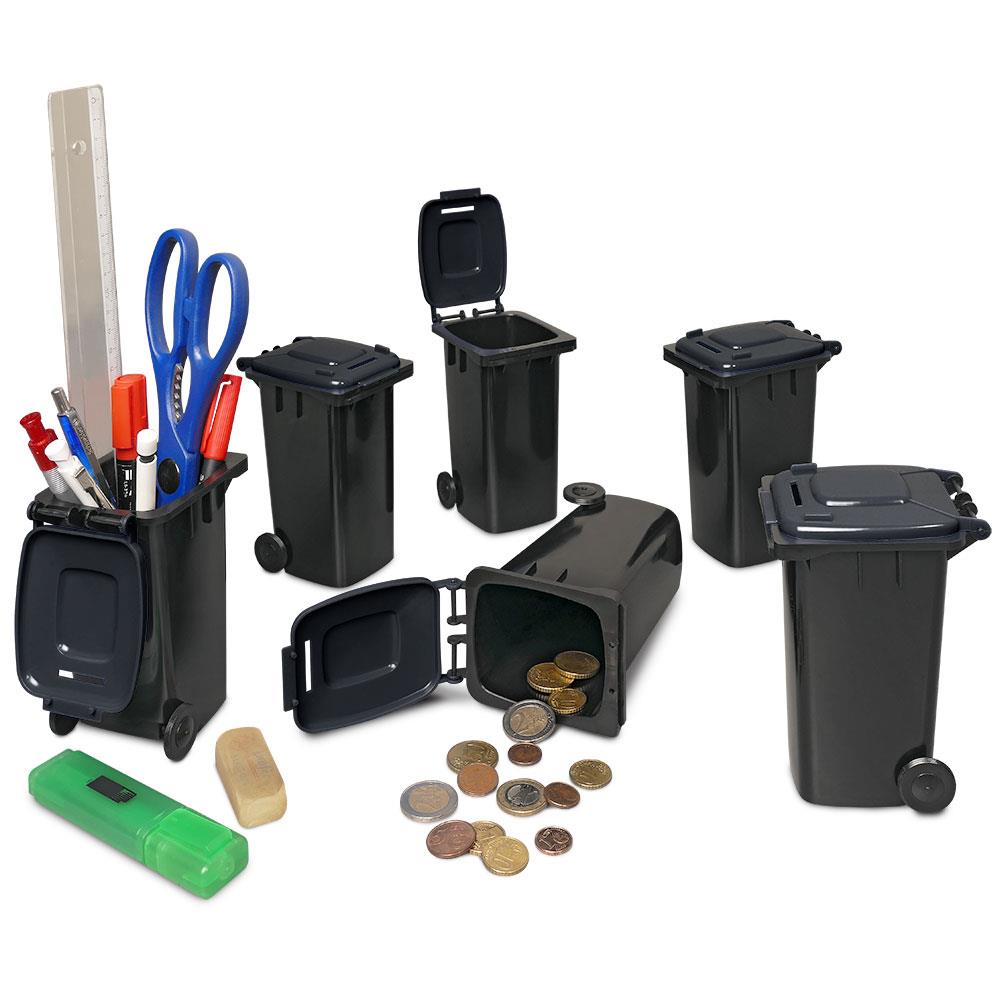 6er-Set Mini-Mülltonnen mit Spardosenschlitz, Behälter grau / Deckel grau / Miniatur Stifte Box Büro Schreibtisch Sammelbox
