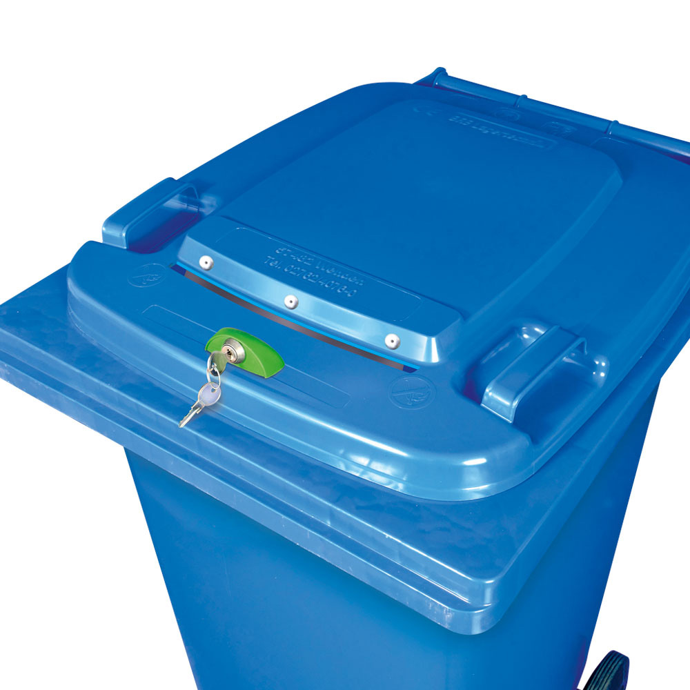 Müllbehälter mit Dokumenteneinwurf, abschließbar, BxTxH 580x740x1070 mm, 240 Liter, Farbe blau