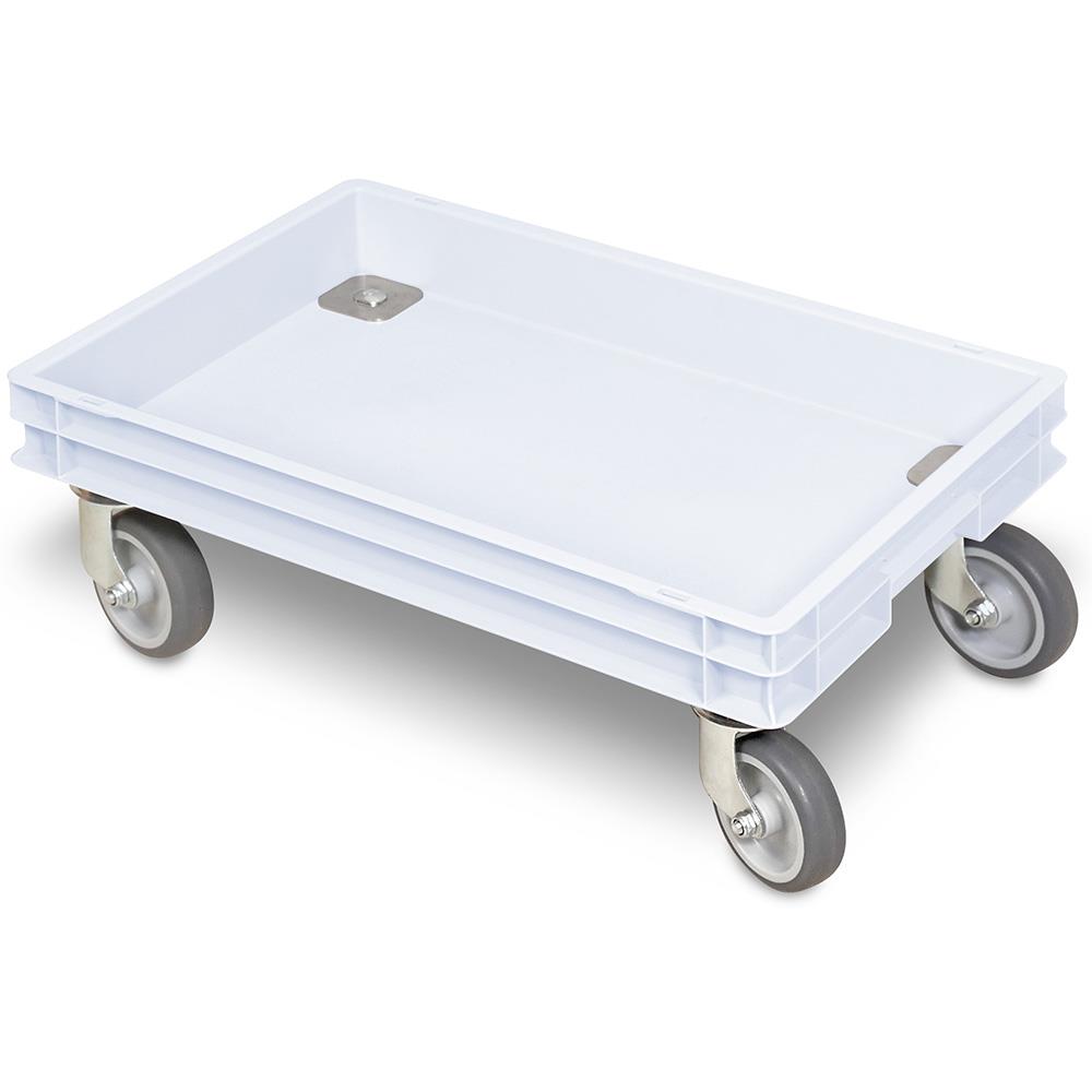 Rollkasten mit 4 Lenkrollen für 600x400mm Eurobehälter, graue Gummiräder, Tragkraft 100 kg, weiß