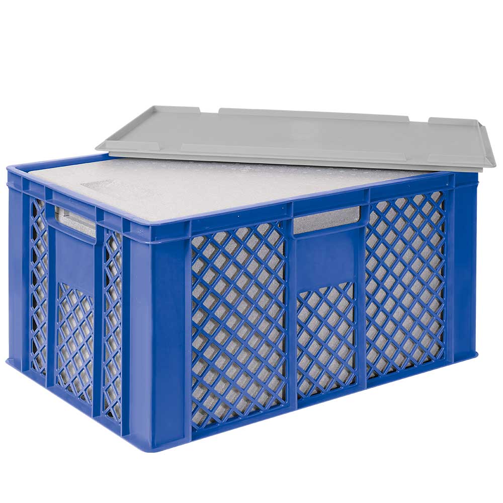 2x EPS-Thermobox im Stapelkorb mit Deckel, LxBxH 600x400x320 mm, blauer Korb, grauer Deckel 