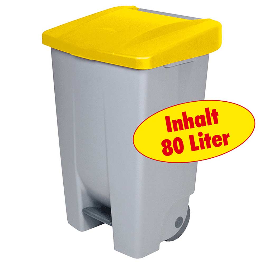 Tret-Abfallbehälter mit Rollen, PP, BxTxH 490x420x740 mm, 80 Liter, grau/gelb