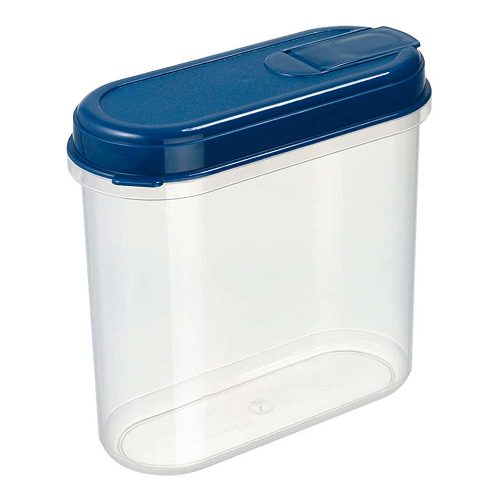 Lebensmitteldose mit Ausschüttöffnung, 1,3 Liter, LxBxH 195x90x180 mm, Dose glasklar, Deckel blau